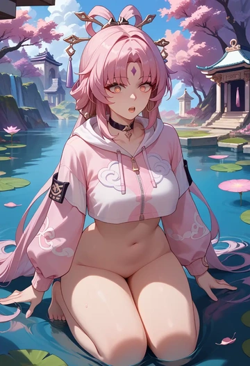 star rail,fu xuan,crop hoodie,shorts  - AI generated anime art